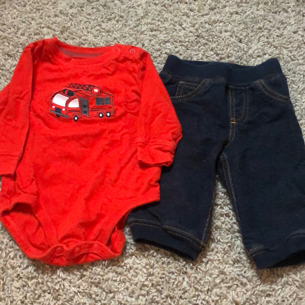 6 Month Long Sleeve Fire Truck Onesie When Jeans